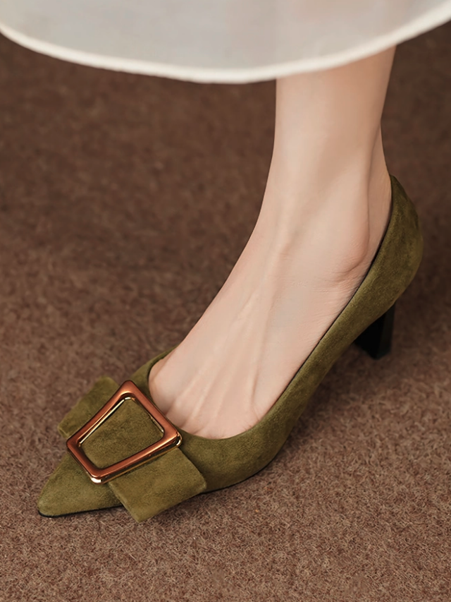 Spring Pointed Toe Chunky Heel Pumps with Belt Buckle 4